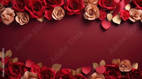 Red roses and various heart-shaped decorations on a red background  symbolizing love and affection.