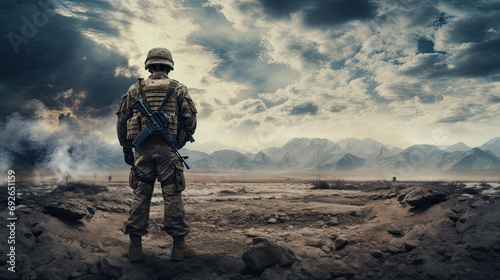 Soldier with rifle in the desert. Army background © AI Studio - R