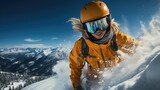 Girl snowboarder, skier wearing a helmet and goggles on the background of snow-covered mountains