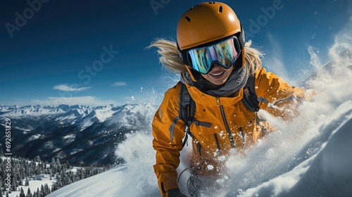 Girl snowboarder, skier wearing a helmet and goggles on the background of snow-covered mountains