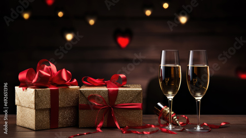 Bottle of champagne, glasses, and gifts with a bokeh light effect in the background. © MP Studio