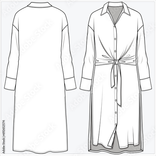 SHIRT DRESS WITH DROP SHOULDER AND FRONT TIE UP DETAIL DESIGNED FOR WOMEN AND TEEN GIRLS IN  VECTOR ILLUSTRATION FILE