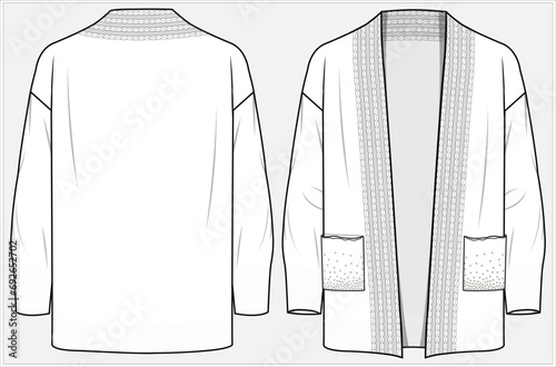 CABLE KNIT LONG SLEEVES CARDIGAN WITH PATCH POCKET AND ZIRCONS DETAIL DESIGN FOR WOMEN AND YOUNG WOMEN IN  VECTOR ILLUSTRATION FILE