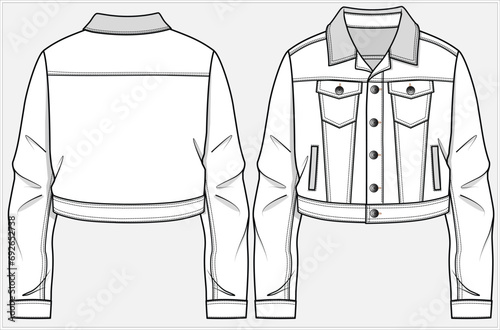 CROP LENGTH DENIM JACKET WITH OCHER LEATHER TRIMMING DETAIL DESIGNED FOR WOMEN YOUNG WOMEN AND TEEN GIRLS IN  VECTOR ILLUSTRATION FILE