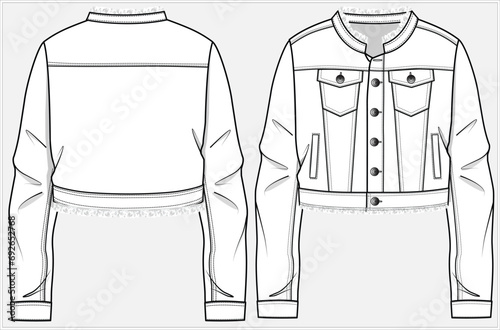 CROP LENGTH DENIM JACKET WITH FRAYED HEM AND FRAYED COLLAR DETAIL DESIGNED FOR WOMEN YOUNG WOMEN AND TEEN GIRLS IN  VECTOR ILLUSTRATION FILE
