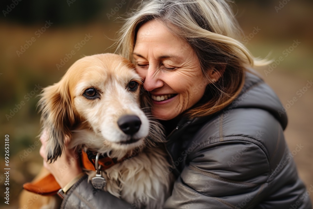 Soulful Embrace Affectionate Mature Woman and Joyful Labrador Share Heartfelt Connection, Reflecting Strong Bond and Timeless Companionship in Outdoor Serenity.. created with Generative AI