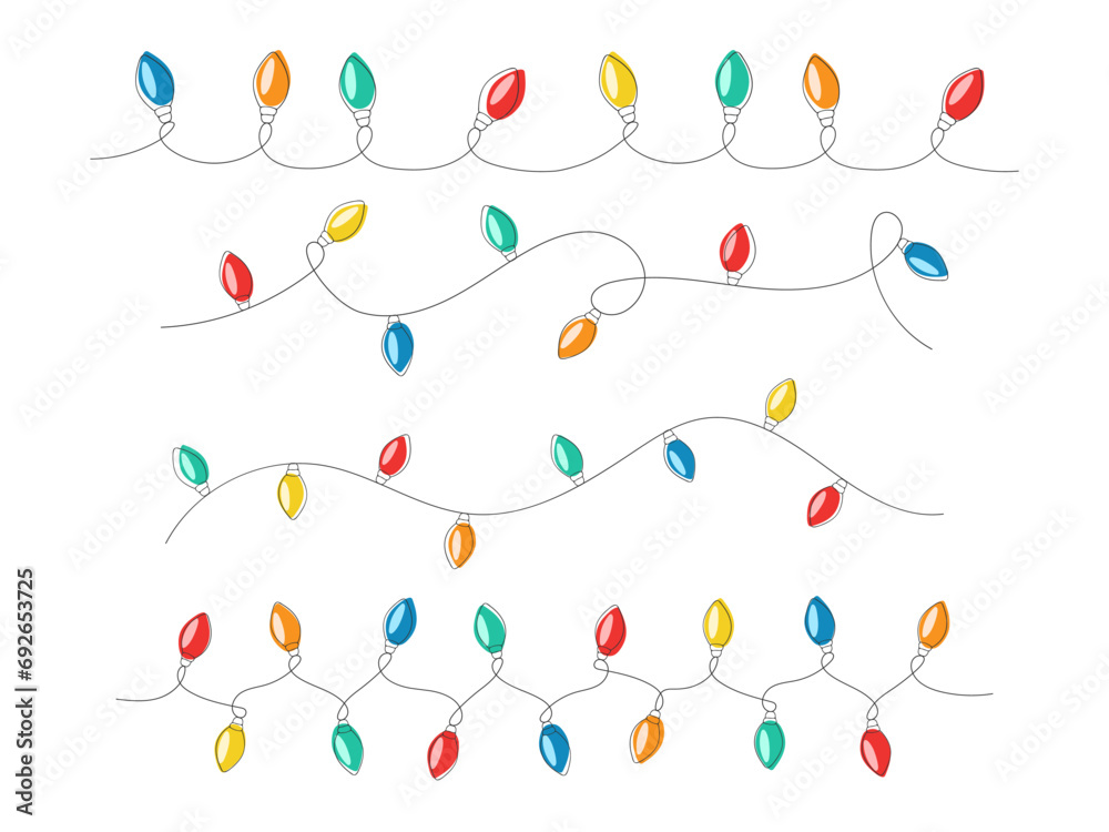Collection of different Christmas string garlands with colored light bulbs. Doodle outline Xmas decoration isolated on white. Cute holiday design element. Winter festive cozy illustration Collection of different Christmas string garlands with colored light bulbs. Doodle outline Xmas decoration isolated on white. Cute holiday design element. Winter festive cozy illustration