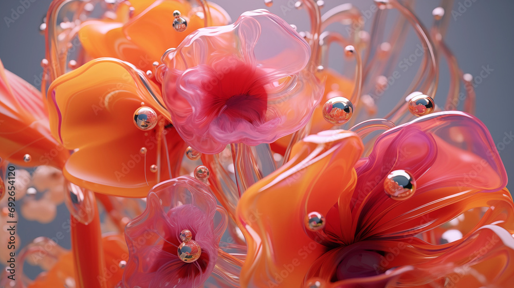 3D abstract bloom liquid blossom organic flower orange peach fuzz glass and plastic background - obrazy, fototapety, plakaty 