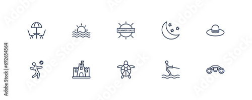outline icons set from summer concept. editable vector such as terrace, sun at sea, summer sale, sea turtle, waterski, sea scooter icons.