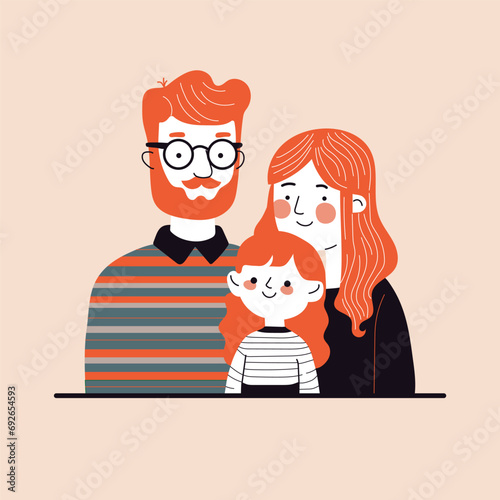 Happy family standing together. Mother, father and daughter. Cartoon  flat style. Color vector illustration.