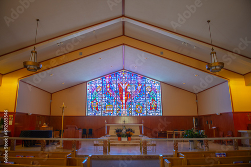 St. Margaret Mary Catholic Church at 845 High Street in historic town center of Westwood, Massachusetts MA, USA. 