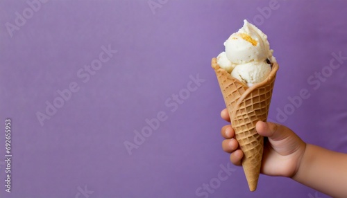 Baby kid hand holding ice cream in waffles cone on purple background, text space 