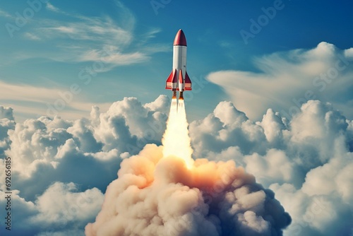 Toy rocket releasing smoke against a blue backdrop represents startup knowledge and education as a key to success.