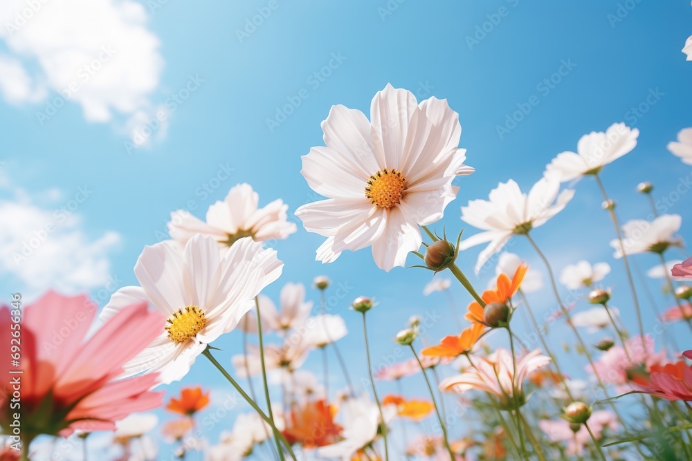 white flowers in a garden on blue sky background, in the style of light orange and magenta, flower power white flowers in a garden on blue sky background, in the style of light orange and magenta, flower power