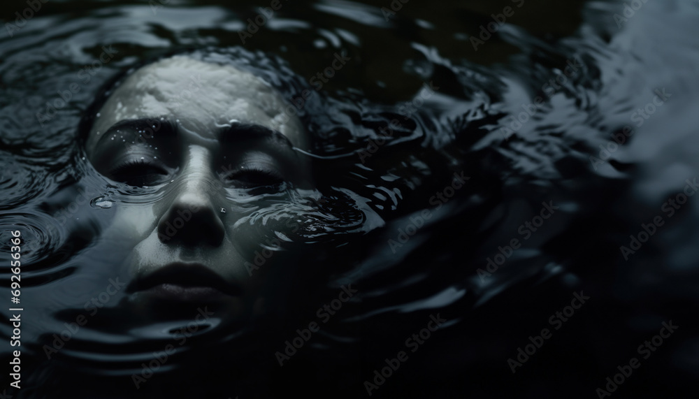 A woman's face underwater, black water in waves, a banner with space for your text