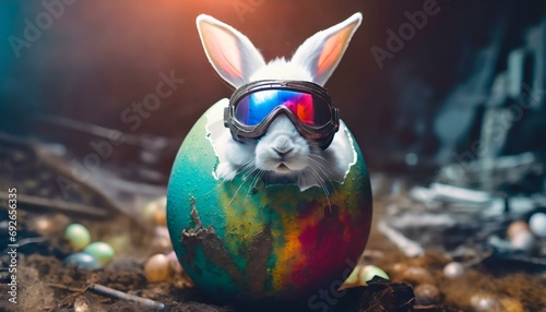 Weißes Kaninchen mit Schutzbrille schaut aus buntem Osterei in postapokalyptischer Atmosphäre. Konzept: Ostern / Osterhase in einer dystopischen Zukunft. Fotorealistische Illustration