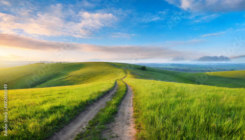 Picturesque winding path through a green grass field in hilly area in morning at dawn