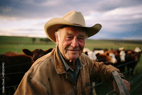 Sundown Serenity Warmly Smiling Elderly Farmer Stands by Fence with Cattle, Embracing Rural Life, Agriculture, and a Lifetime of Experience. created with Generative AI