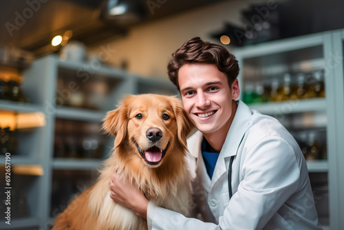 noble golden retriever dog at its monthly check-up at veterinary clinic