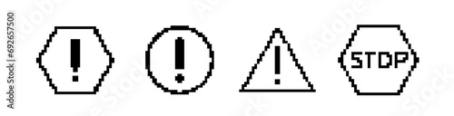 8 bit caution road sign icon. Pixel error retro banner. Pixelated car traffic sign.