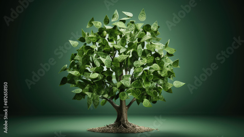 Tree with branches and leaves made out of American dollar bills against a green background