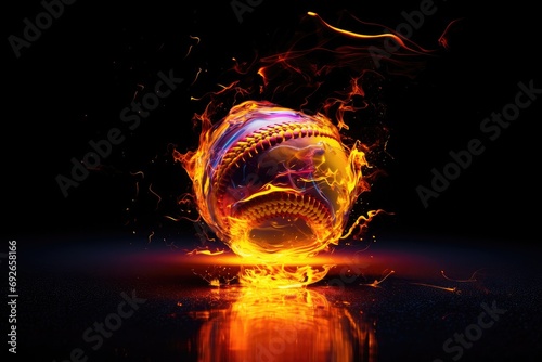 Softball ball in neon fire flames in explosion on dark glossy background photo