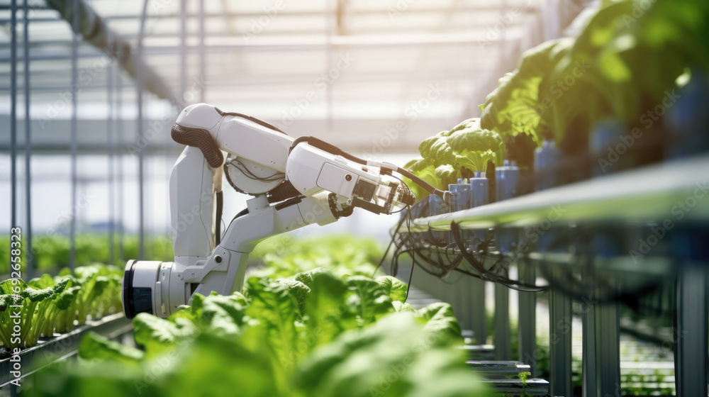 Robot in a modern greenhouse, tending to rows of leafy green lettuce, representing high-tech automation in precision agriculture and sustainable farming practices.