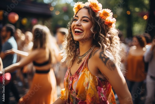 Confident woman plus size joyfully participating in a vibrant outdoor dance class, celebrating body positivity and self-love © Nino Lavrenkova