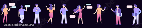 People with digital gadgets communicate set. Male and female characters with conversation clouds write and read messages and also call vector interlocutor