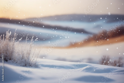 Beautiful blurred background image of a landscape with light snowfall falling over of snowdrifts © Giuseppe Cammino