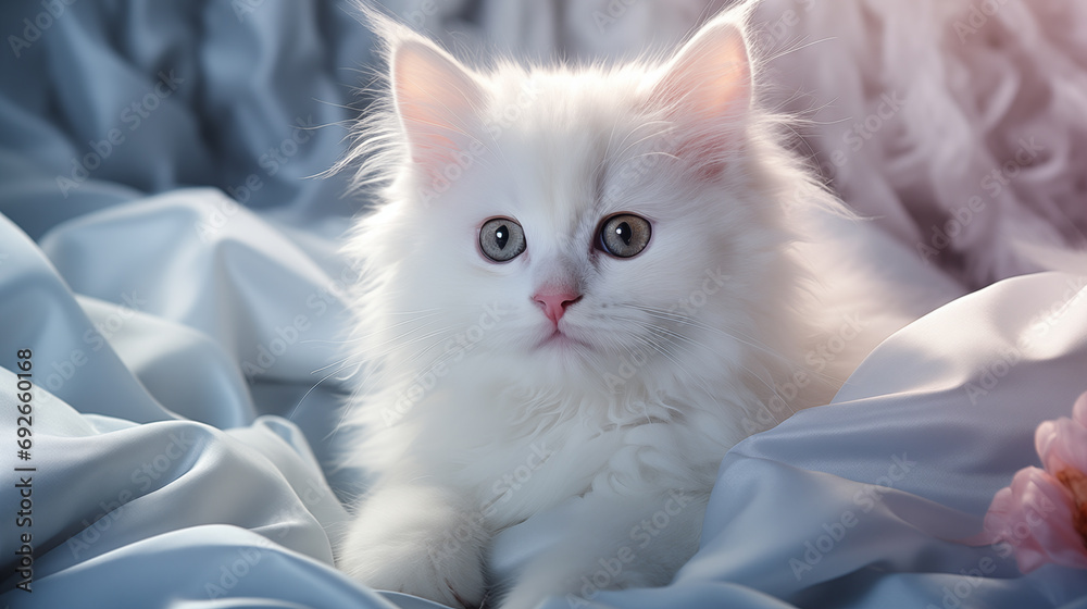 A cute white fluffy long-haired kitten lies on the light-blue bed at home