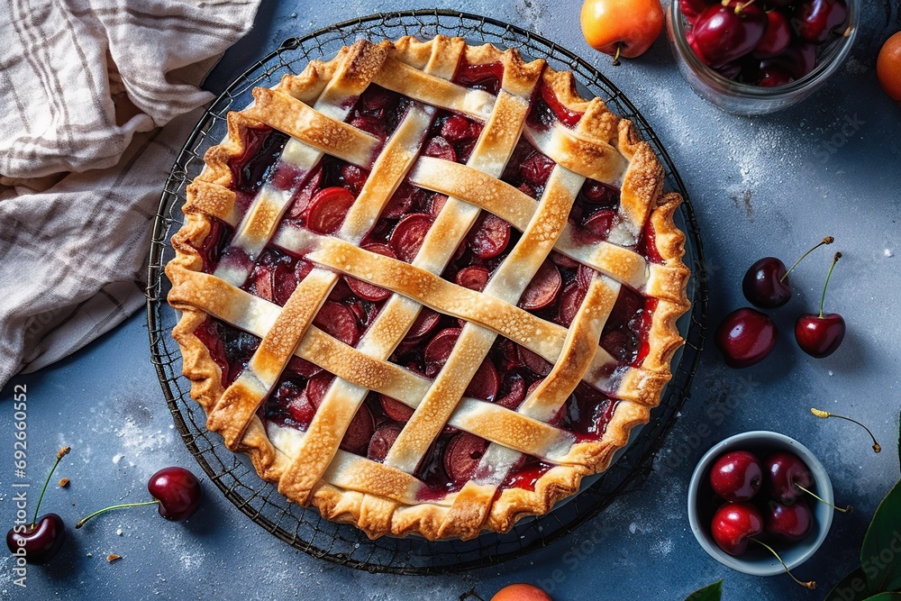 Tasty cherry pie with berries and napkin on table. Generative AI Tasty cherry pie with berries and napkin on table. Generative AI