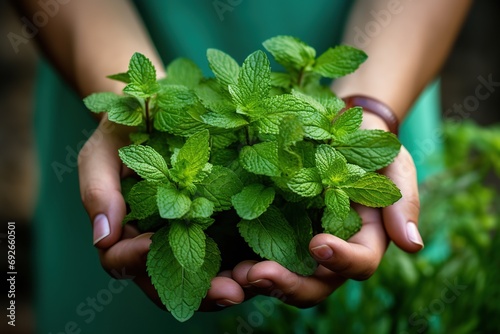 Female hands holding bunch of fresh mint leafs in the garden