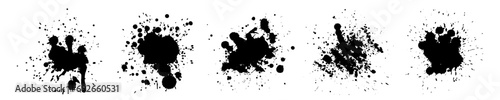 Dirty ink splashes and blots set. Monochrome brushstroke grunge curves with dirty spots and brush strokes for creative decoration and vector design