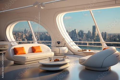 Spaceship style futuristic interior design. White coaches and orange pillows. AI Generated © EarthWalker