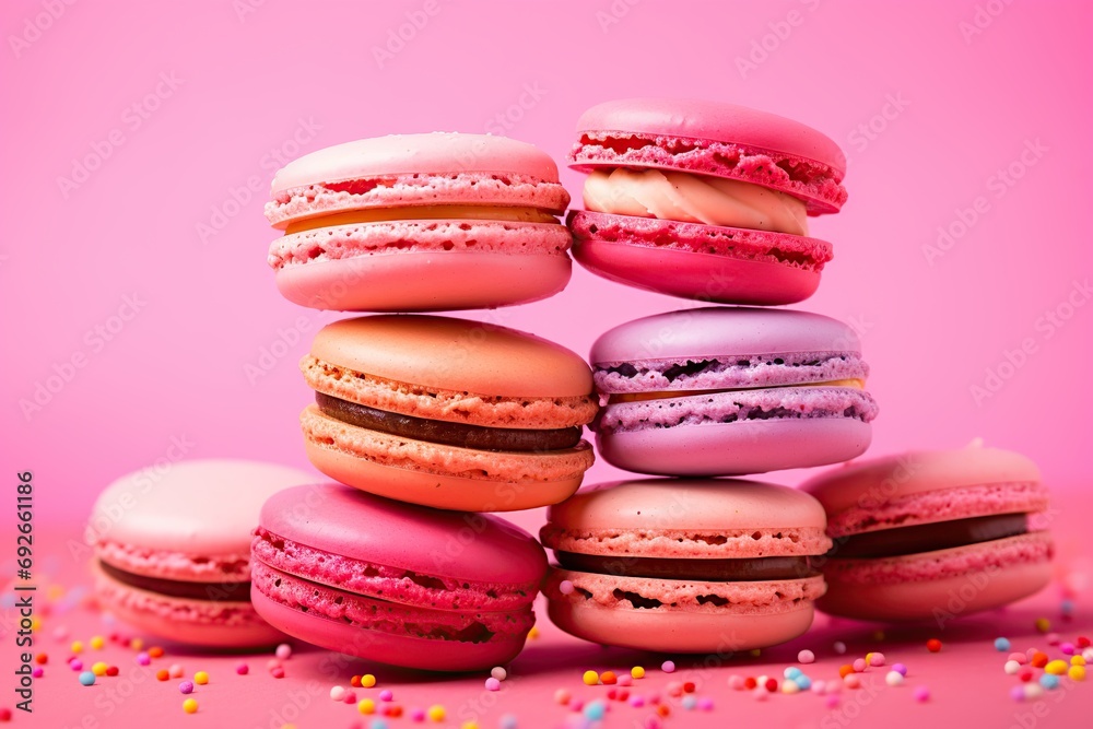 Colorful macarons dessert on pink background Colorful macarons dessert on pink background