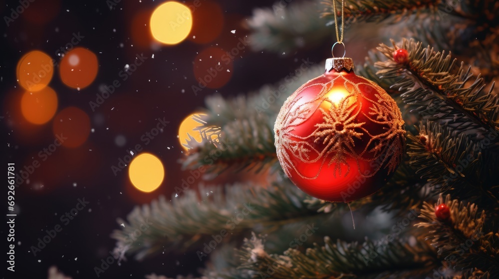 Red Christmas ball on a fir tree and highlights. Xmas and New Year background. AI generated