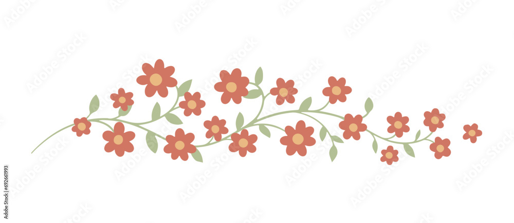 Ornamental frame of branch with flowers. Floral pattern. Decoration and design for card, invitation, brochure. Vector art illustration on white background