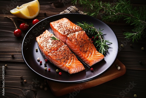 Tasty grilled salmon with pieces of lemon and seasonings on wooden background