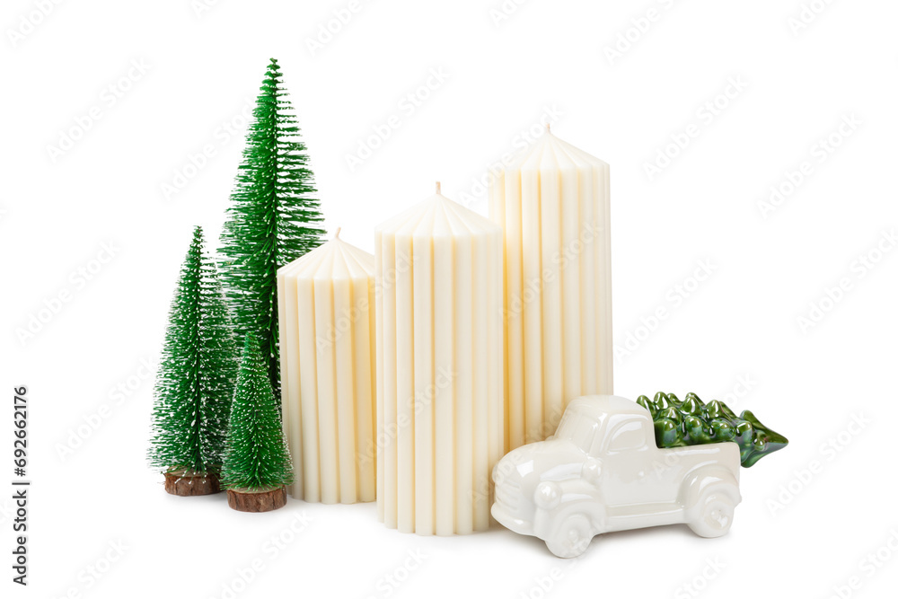 Christmas decoration with candle isolated on white background. New Year and Christmas candles. Home decor. Cozy candles. Present. Xmas candle Celebration. Vacation