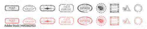 Postal realistic stamps set. Correspondence with fast delivery and envelope sticker with vintage print design and address vector stamp