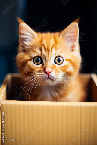 Small orange kitten with big blue eyes in cardboard box.