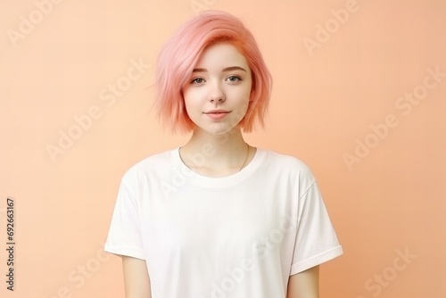 design mockup teenage girl with peach fuzz color hair wearing plain blank white t-shirt on a pastel peach background, studio portrait