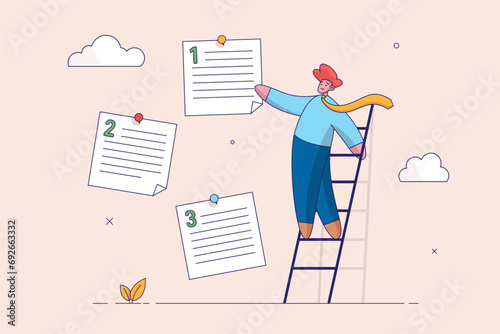 Task management concept. Set work priority, arrange to do list which job to do before and after, young entrepreneur businessman manage to prioritize sticky note with number first, second and third.