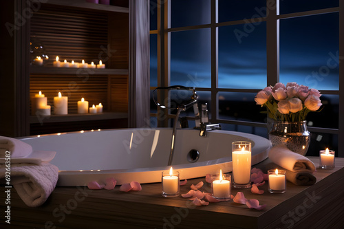 Spa Bathroom interior with bathtub, candles and towel - Ai Generated