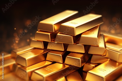 Gold bars stacked in a row on a dark background.