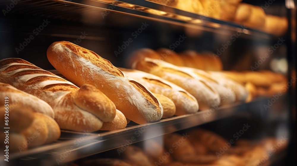 Blurred bakery shop in wholesale store with fresh baked bread on wooden shelf