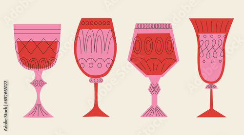 A set of tall glasses of different shapes in red and pink colors. Drinks in different types of vintage glasses. Linear vector illustration. Cartoon retro style