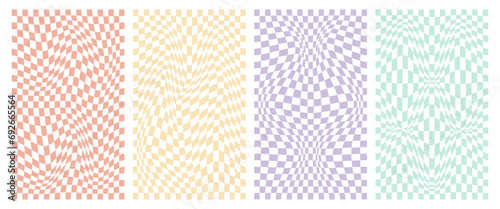 Groovy backgrounds, deformed checkered pattern. Retro background, bright, colored, checkered. Collection of pastel colored distorted groovy background