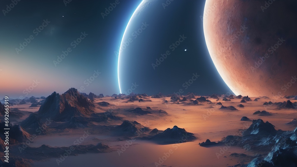 Abstract background of a unique fantasy space with planets and stars from land view with mountains - obrazy, fototapety, plakaty 